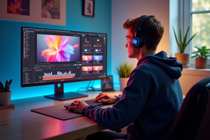 Jeune créateur français éditant des vidéos sur un ordinateur avec icônes sociales en arrière-plan