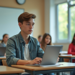 Jeune élève au lycée utilisant une tablette en classe