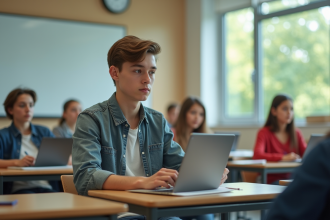 Jeune élève au lycée utilisant une tablette en classe
