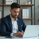 Jeune entrepreneur en costume dans son bureau à domicile