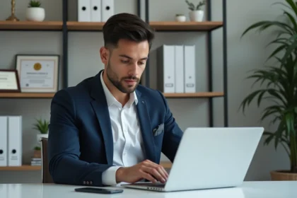 Jeune entrepreneur en costume dans son bureau à domicile