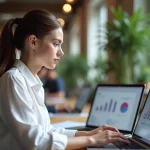 Jeune femme analysant des graphiques marketing sur un ordinateur