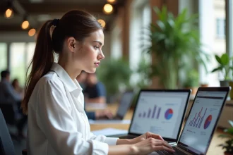 Jeune femme analysant des graphiques marketing sur un ordinateur