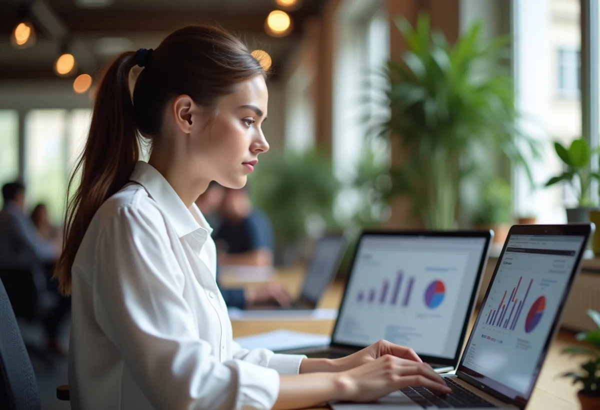 Jeune femme analysant des graphiques marketing sur un ordinateur