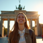Jeune femme souriante avec sac à dos devant la porte de Brandebourg à Berlin
