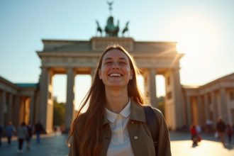 Jeune femme souriante avec sac à dos devant la porte de Brandebourg à Berlin