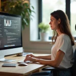 Jeune femme au bureau à domicile concentrée sur son ordinateur