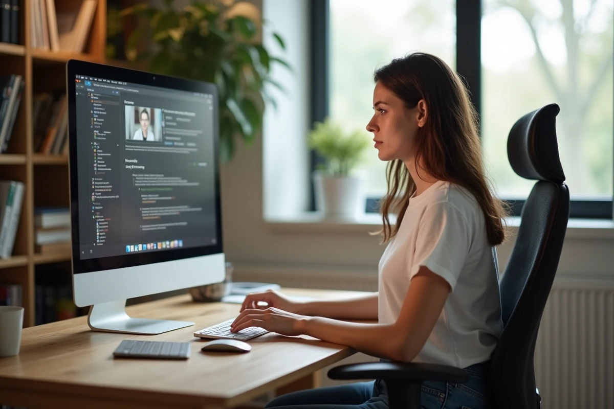 Jeune femme au bureau à domicile concentrée sur son ordinateur