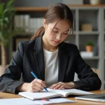 Jeune femme au bureau écrivant dans un carnet