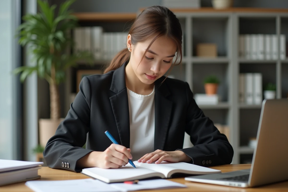 Jeune femme au bureau écrivant dans un carnet