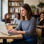 Jeune femme française dans un café avec un ordinateur portable