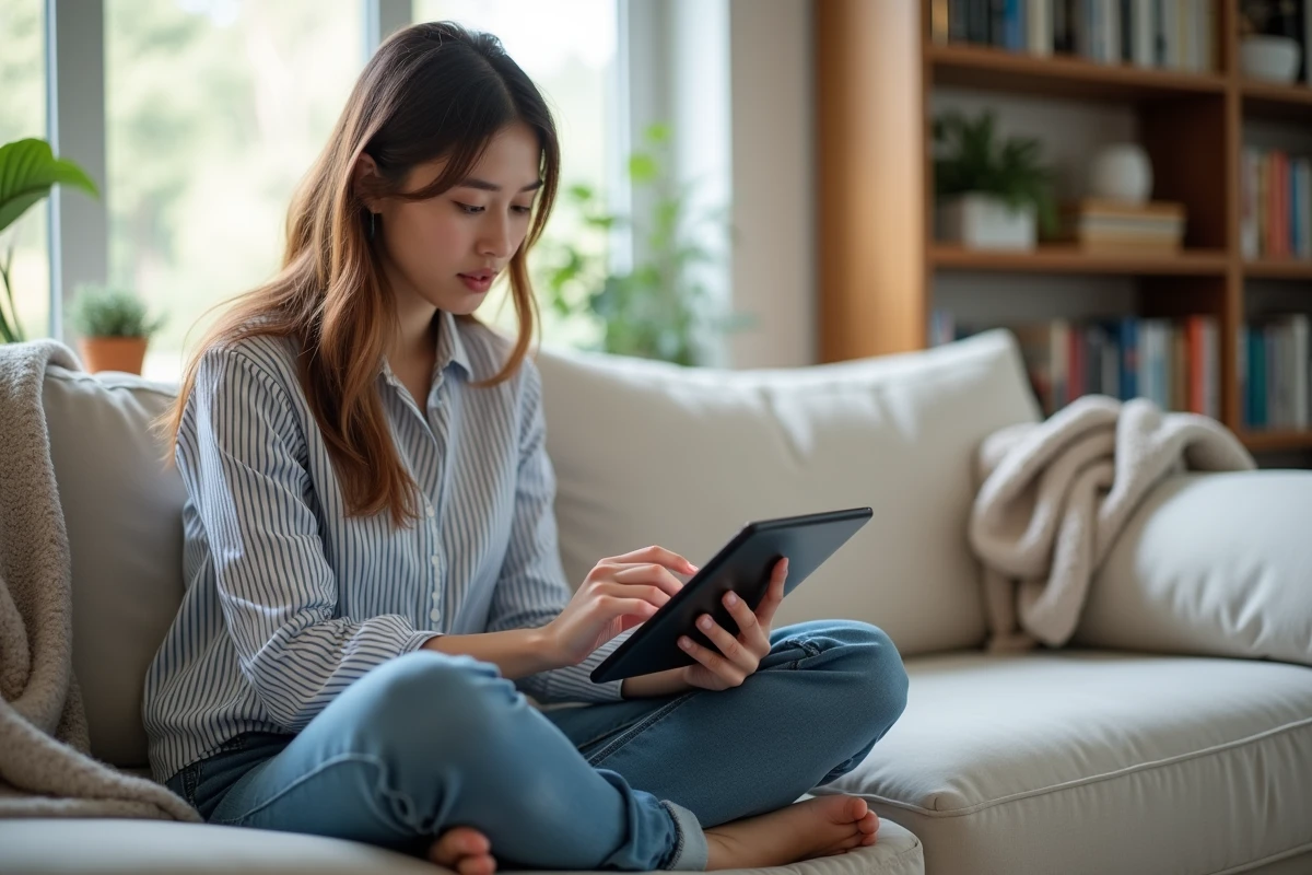 Jeune femme consultant son compte e-habillement sur une tablette installée confortablement dans son salon