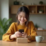 Jeune femme souriante vérifiant un colis China Post à la maison