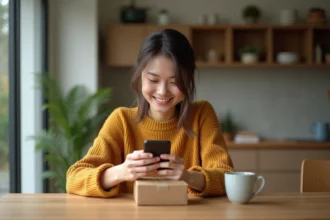 Jeune femme souriante vérifiant un colis China Post à la maison