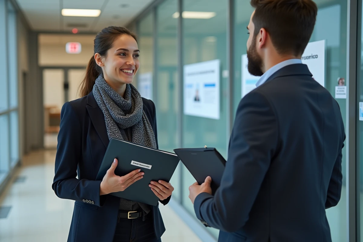 Jeune femme en blazer bleu discute dans un couloir avec un collègue