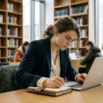 Jeune femme concentrée en bibliothèque avec ordinateur et notes