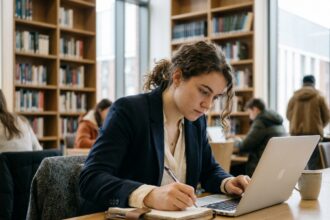 Jeune femme concentrée en bibliothèque avec ordinateur et notes