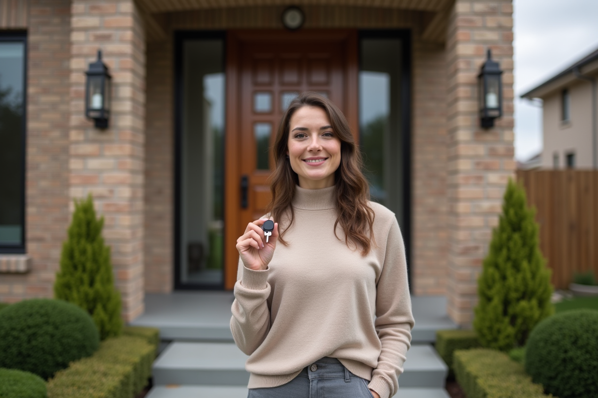 Jeune femme avec clés devant sa maison neuve