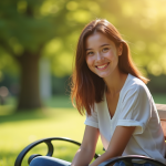Jeune femme souriante assise sur un banc dans un parc ensoleille