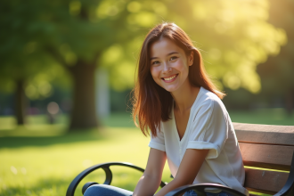 Jeune femme souriante assise sur un banc dans un parc ensoleille