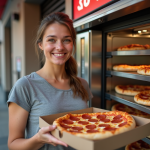 Jeune femme souriante devant machine à pizza moderne