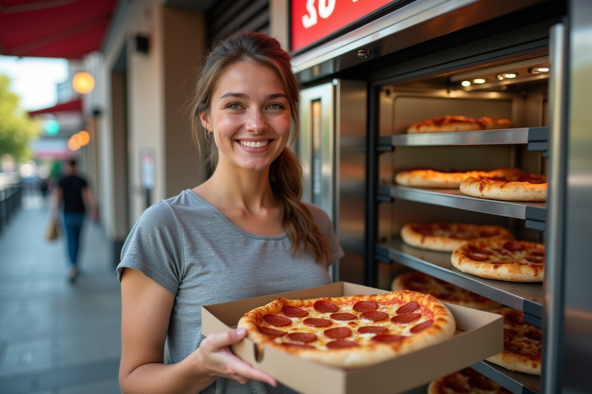 Jeune femme souriante devant machine à pizza moderne