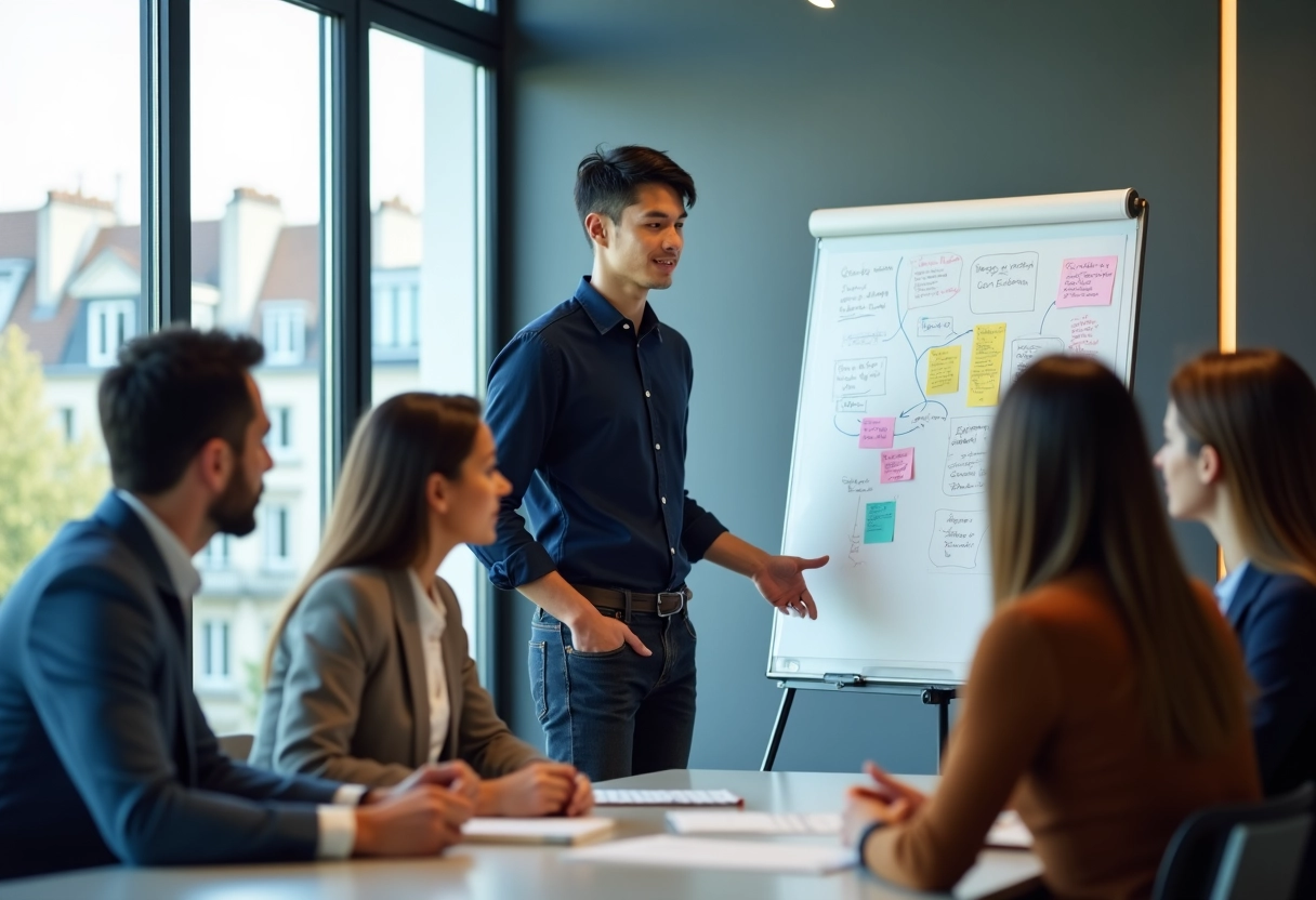 Jeune homme menant une séance de brainstorming en réunion