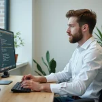 Jeune homme professionnel travaillant sur deux écrans en bureau moderne