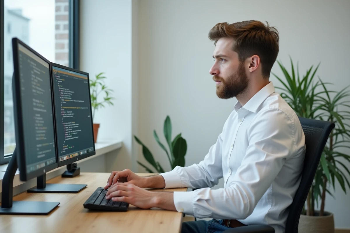Jeune homme professionnel travaillant sur deux écrans en bureau moderne