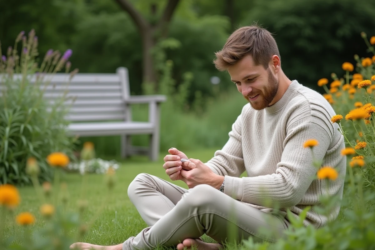 Jeune homme appliquant une creme dans un jardin verdoyant