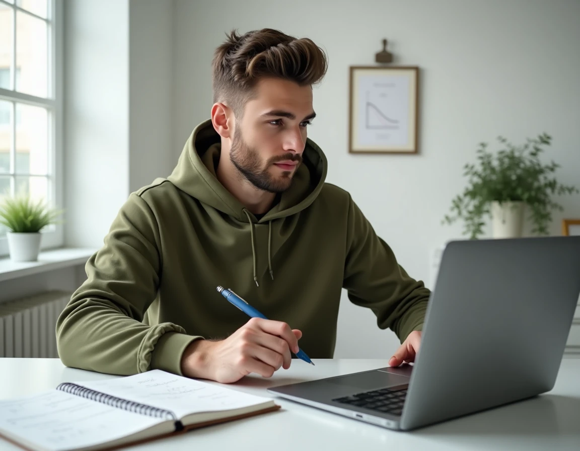 Jeune homme étudiant l'équation réduite de la tangente sur un logiciel de graphisme mathématique à domicile