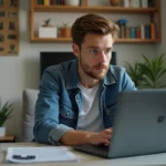 Jeune homme surpris lisant des actualites gaming sur son ordinateur