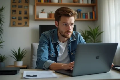 Jeune homme surpris lisant des actualites gaming sur son ordinateur