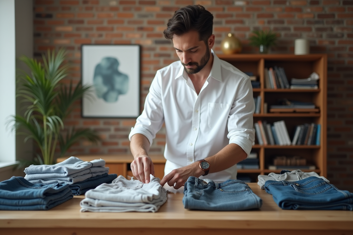 Jeune homme plie vêtements dans salon moderne