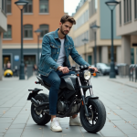 Jeune homme en denim sur minimotorbike en ville