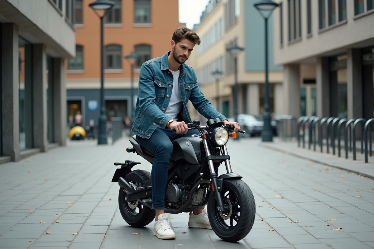 Jeune homme en denim sur minimotorbike en ville