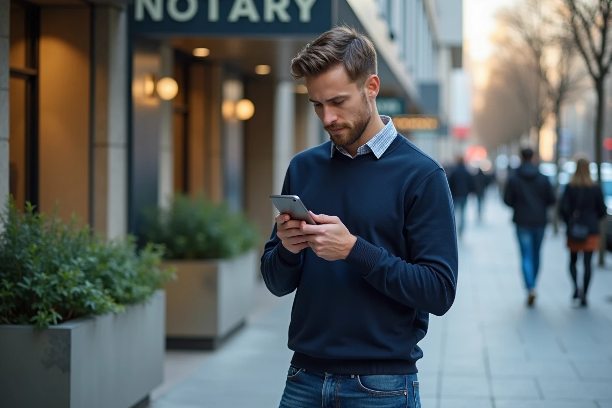 Jeune homme utilisant son téléphone devant un bâtiment notarial