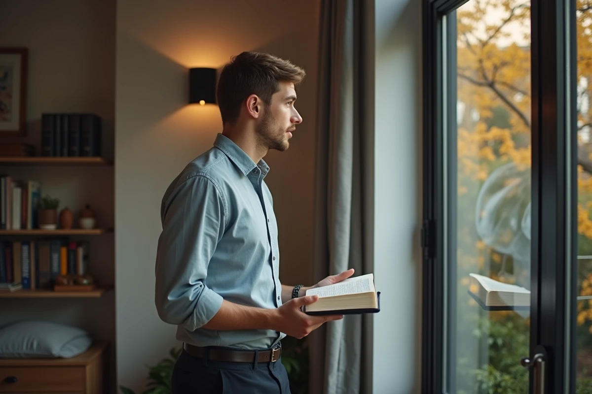 Jeune homme regardant son reflet dans une fenêtre intérieure