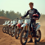 Jeune motocrossman avec casque sous le bras à côté de sa moto