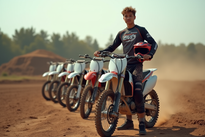 Jeune motocrossman avec casque sous le bras à côté de sa moto