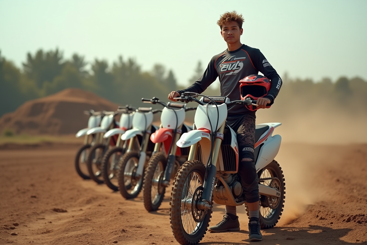 Jeune motocrossman avec casque sous le bras à côté de sa moto