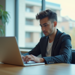 Jeune professionnel utilisant un laptop dans un bâtiment moderne à Lille