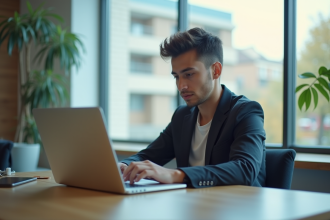 Jeune professionnel utilisant un laptop dans un bâtiment moderne à Lille