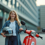 Jeune adolescent souriant avec casque scooter en ville