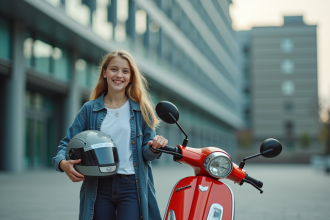 Jeune adolescent souriant avec casque scooter en ville