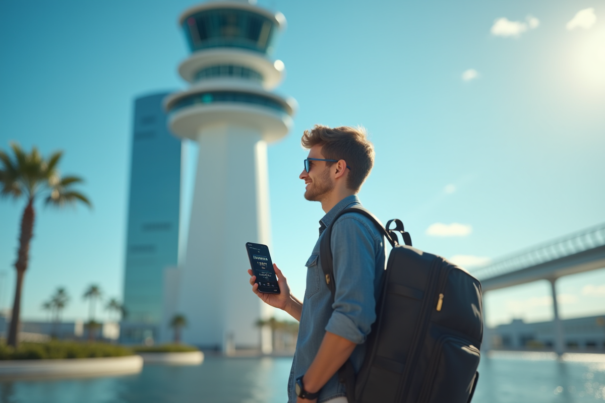 Jeune voyageur tenant un smartphone avec fuseaux horaires