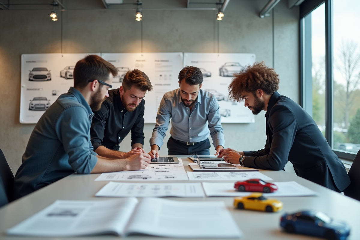 Groupe de jeunes professionnels analysant des plans en studio