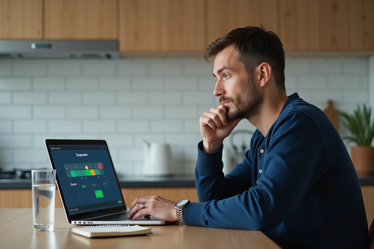 Homme analysant les scores sémantiques d'une partie de Cemantix sur son ordinateur portable