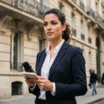 Jeune journaliste française tenant un enregistreur devant un immeuble haussmannien à Paris, illustrant le parcours pour devenir journaliste sans piston