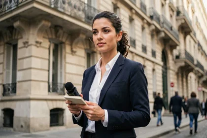 Jeune journaliste française tenant un enregistreur devant un immeuble haussmannien à Paris, illustrant le parcours pour devenir journaliste sans piston